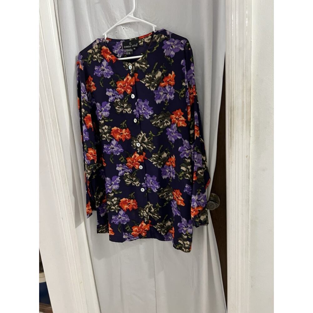Carole Little Purple Floral Silk Button Down Tunic Sz 10